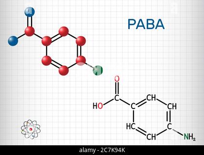 Acido 4-amminobenzoico, acido p-amminobenzoico, molecola PABA. È un nutriente essenziale per alcuni batteri e membri del complesso della vitamina B. Foglio di carta in Illustrazione Vettoriale