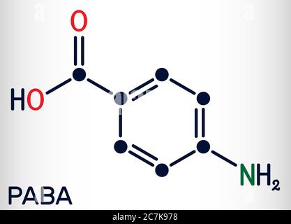 Acido 4-amminobenzoico, acido p-amminobenzoico, molecola PABA. È un nutriente essenziale per alcuni batteri e membri del complesso della vitamina B. Prodotti chimici scheletrici Illustrazione Vettoriale