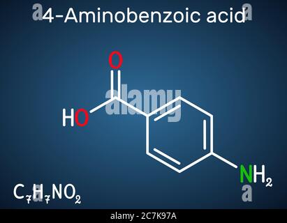 Acido 4-amminobenzoico, acido p-amminobenzoico, molecola PABA. È un nutriente essenziale per alcuni batteri e membri del complesso della vitamina B. Sfondo blu scuro Illustrazione Vettoriale