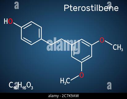 Pterostilbene, molecola stilbenoide. Ha un ruolo come metabolita, antiossidante, agente antineoplastico, neurotrasmettitore. Formula chimica strutturale su t Illustrazione Vettoriale