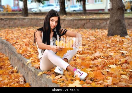 Bella bruna ragazza seduta sul parapetto tenendo tra le mani foglie gialle, foglie di acero giallo, parco Foto Stock