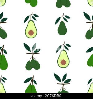 Texture infinita. Avocado verde intero e metà. Rami di albero di avocado con foglie isolate su bianco. Stampa positiva estiva di frutta. Vettore senza giunture Illustrazione Vettoriale