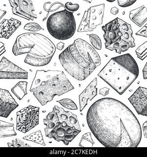 Formaggio seamless pattern. Disegnato a mano caseificio vettore illustrazione. Stile inciso diversi tipi di formaggio. Retrò sfondo alimentare. Foto Stock