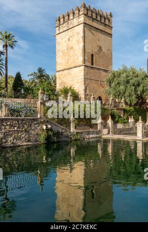 La Torre quadrata dei Leoni (la Torre de los Leones) si riflette in una delle piscine del Giardino di mezzo del Alcázar de los Reyes Cristianos di Córdoba, Foto Stock