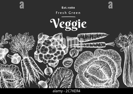 Disegno a mano di verdure disegno. Modello di banner vettoriale per alimenti freschi biologici. Retro sfondo vegetale. Illustrazioni botaniche di stile incise su Foto Stock