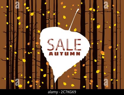 Vendita autunno su una foglia d'autunno, caduta, sfondo paesaggio foresta, tronchi d'albero, modello per banner, poster, vettore, illustrazione, isolato Illustrazione Vettoriale