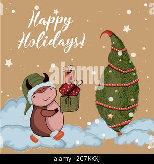 Il toro è il simbolo del 2021. Cartolina buone feste. Bella illustrazione di un bue in un costume di santa Illustrazione Vettoriale
