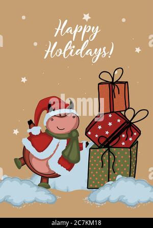 Carta di Capodanno. Anno del toro. Albero di Natale. Biglietto verticale di auguri vettoriali con un toro Illustrazione Vettoriale
