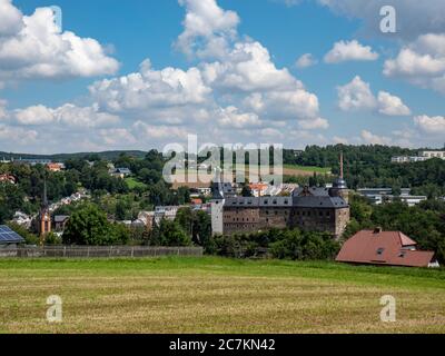 Panorama del castello di Mylau in Sassonia Foto Stock