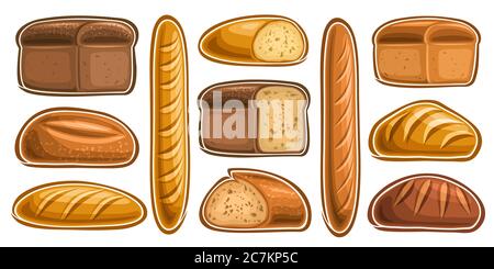 Set vettoriale di pane assortito e panetteria, raccolta di lotti di 11 illustrazioni tagliate di pane fresco su sfondo bianco. Illustrazione Vettoriale