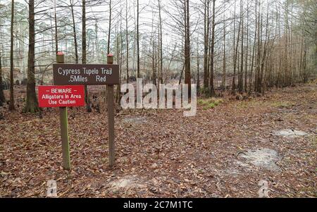 Lago Charles, Louisiana - 2018 febbraio: Un cartello avverte i visitatori della presenza di alligatori nel Sam Houston Jones state Park. Foto Stock