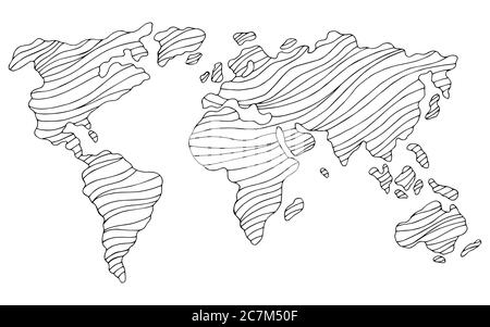 Mappa mondiale grafico strisce bianco nero isolato illustrazione vettore di schizzo Illustrazione Vettoriale