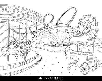 Parco di divertimento paesaggio grafico bianco nero illustrazione del disegno vettore Illustrazione Vettoriale