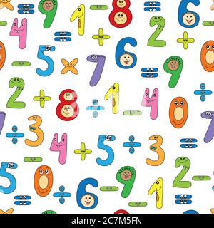 Motivo senza cuciture di numeri colorati divertenti su sfondo bianco. Può essere utilizzato per sfondi, carte, involucri, modelli per abiti e altro. Foto Stock