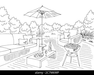 Grafica barbecue bianco nero disegno orizzontale vettore illustrazione Illustrazione Vettoriale