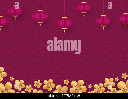 Modello per banner, poster, cartolina. Fiori di ciliegio dorato e lanterne cinesi su sfondo rosa con goffrato. Illustrazione vettoriale Illustrazione Vettoriale