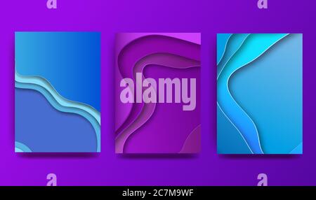 Set di illustrazioni su carta 3d a colori astratti A4. Colori contrastanti. Gradienti alla moda. Layout del design per banner, presentazioni, volantini, poster Illustrazione Vettoriale