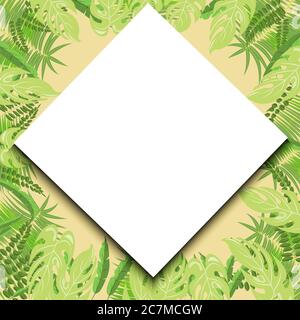 Foglie tropicali trendy natura vettore poster in un verde chiaro colori sui lati e bianco romb poster al centro. Estate tropicale natura palma in un'atmosfera Illustrazione Vettoriale