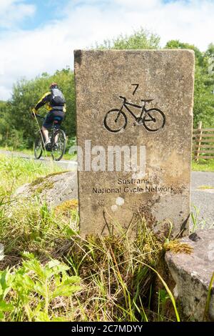 National Cycle Network 7 segnavia intagliato in pietra alla periferia di Aberfoyle, Loch Lomond e Trossachs National Park, Scozia, Regno Unito Foto Stock