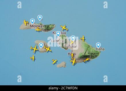 Traffico aereo sulle isole hawaiane (17 luglio 2020, UTC 19.31) su Internet con il sito Flightradar 24, durante il Coronavirus Pandemic Foto Stock