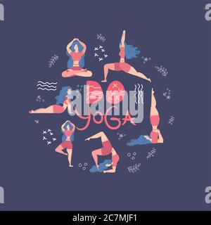 Do Yoga - iscrizione, citazione sullo yoga della vita, lettere, iscrizione di frase, decorata con foglie e donne in varie asana yoga. Illustrazione Vettoriale