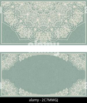 Set di inviti di nozze o biglietti di auguri con mandala floreale in verde e beige. Biglietto da visita. Cartolina. Elementi decorativi vintage. Vettore. Illustrazione Vettoriale