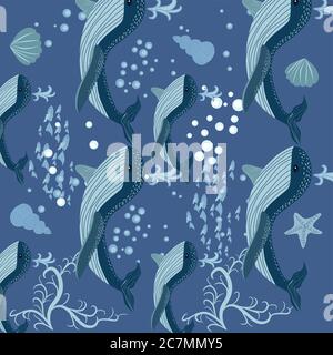 Senza cuciture Pattern cute adorabile spiaggia tema divertente, oceano blu balena, meduse, ancora di mare, alghe, onda, pastello colorato Illustrazione Vettoriale