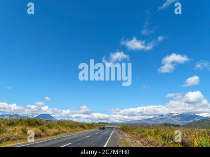 Vista verso il Monte Ngauruhoe e il Monte Ruapehu dal SH47, il Parco Nazionale di Tongariro, Nuova Zelanda Foto Stock