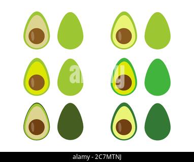 Frutta di avocado intera e tagliata in stile piatto. Isolato su sfondo bianco. Illustrazione Vettoriale