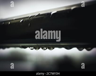 Immagine in scala di grigi di piccole gocce di acqua piovana su una ringhiera Foto Stock