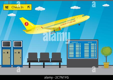 Interno vuoto dell'aeroporto con mobili, sullo sfondo di un aereo che decollo all'aeroporto, concetto di viaggio e turismo, illustrazione vettoriale piatta Illustrazione Vettoriale