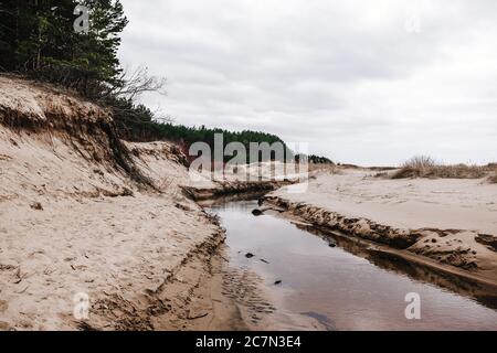 Fiume che scorre attraverso la sabbia accanto agli alberi sotto cielo nuvoloso Foto Stock