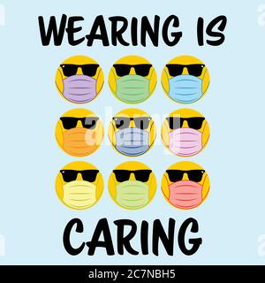 Indossare è cura del testo con maschera viso indossare maschera emoji cambiare colore, indossare una maschera viso per proteggere gli altri, illustrazione 2D Foto Stock