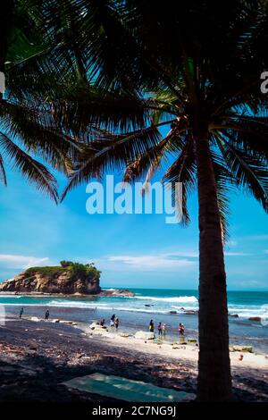 La bellezza di Klayar Beach con le sue pietre coralline uniche e gli alberi di cocco lungo la costa a Pacitan, Giava Est, Indonesia Foto Stock