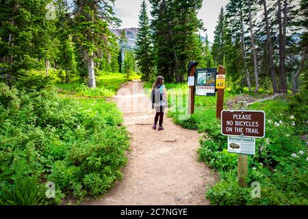 Alta, USA - 25 luglio 2019: Segno per il sentiero del lago Ceccet in Albion Basin, Utah estate in montagne Wasatch con donne escursioni guardando il segnale di informazioni Foto Stock