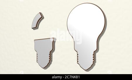 Lampade realizzate con illustrazione 3D di una scultura metallica lucida su una parete con sfondo chiaro. Design e luminoso Foto Stock