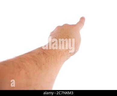Vista in prima persona di una mano isolata che punta davanti con un dito Foto Stock