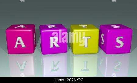 Arti disposte da lettere cubiche su un pavimento a specchio, ideali per il significato concettuale e le presentazioni. Sfondo e illustrazione. Illustrazione 3D Foto Stock