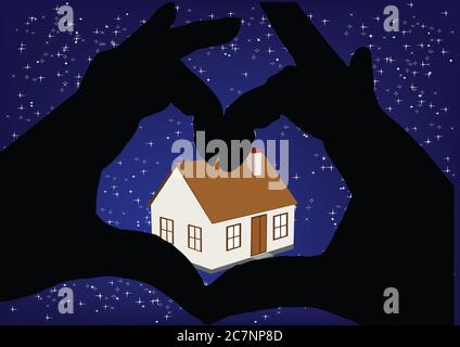 Illustrazione di un modello di casa nella notte stellata con il mani che mostrano il cuore in primo piano Foto Stock