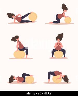 Yoga durante la gravidanza. Raccolta di esercizi di fitness con flipper. Donna che fa sport. Concetto di salute e sport. Bellezza carattere femminile. Vettore Illustrazione Vettoriale