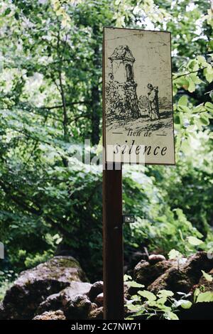Messa a fuoco selettiva verticale di un segno con la parola 'silence' scritto su di esso nella foresta Foto Stock