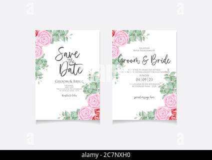 Modello di biglietto di invito per matrimoni con cornice di design color rosa acquerello per salvare la data, l'invito, il ritorno a casa o il biglietto di auguri. Disegno vettoriale Illustrazione Vettoriale