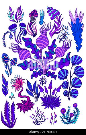 Colorato grande insieme tropicale fantastico surreale piante aliena, fiori, funghi, isolato su sfondo bianco. Illustrazione Vettoriale