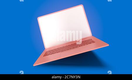 Rendering 3D Illustrazione di notebook mock up con sfondo a colori.gadget tecnologici per hipster background concept 3d rendering mockup. Foto Stock