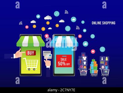 Shopping online, Illustration Concept Marketing online su app mobile, Sito web online. Illustrazione Vettoriale