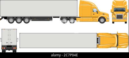 Modello vettoriale per autocarri semirimorchi con colori semplici senza gradienti ed effetti. Vista laterale, anteriore, posteriore e superiore Illustrazione Vettoriale