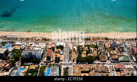 Foto aerea, spiaggia Arenal con Balneario 5, Balneario 6, Balneario 5, S'arenal, Arenal, Ballermann, Europa, Isole Baleari, Spagna, Palma, ES, trave Foto Stock