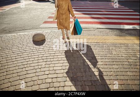 Donna che cammina per la strada con borse per la spesa in mano Foto Stock