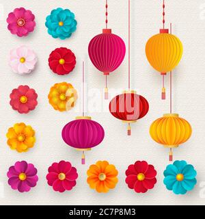 Vector cinese 3d carta taglio badge, nuvole e fiori sakura. Fiori e lanterne luminosi. Stile carta. Buon anno 2021 Vector Illustrazione Vettoriale