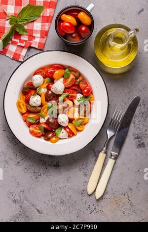 Insalata caprese tradizionale fatta di pomodori freschi a fette, mozzarella e basilico, vista dall'alto Foto Stock